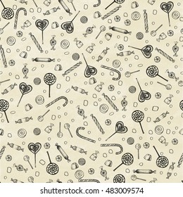 Doodle style. Hard candy set sketch. Includes lollipops, wrapped candy, butterscotch. Seamless pattern. Vector illustration.