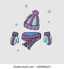 Doodle style of a hat, scarf, mittens on a grey background. Winter clothes. Vector illustration 