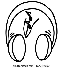 Auriculares de estilo Doodle, ilustración vectorial simple, dispositivo de escucha musical, elemento de diseño, patrón lineal blanco y negro, aislado sobre un fondo blanco