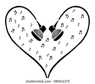 Doodle style headphones vector illustration with musical notes, hand drawing