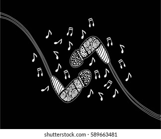 Doodle style headphones vector illustration with musical notes, hand drawing