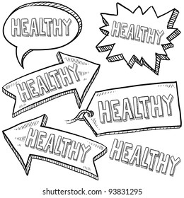 Doodle Style Healthy Tags, Arrows, And Labels Sketch In Vector Format