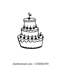 Doodle style holiday cake. Hand drawn vector illustration for cards, posters, stickers and professional design, web design, logo. Isolated on white background.
