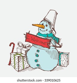 Doodle style holiday snowman vector illustration. Sketching hand drawn snowmen and christmas gift boxes doodle. Invitation tablet "welcome".