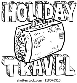 Doodle Style Holiday Travel Illustration With Overstuffed Suitcase And Text Message.  Vector Format.