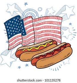 Doodle style hot dog with bun and condiments in front of a colorful American flag sketch in vector format