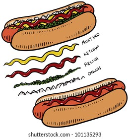 Doodle Style Hot Dog With Bun And Condiments Sketch In Vector Format