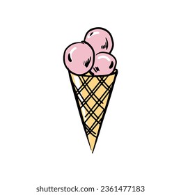 Doodle style ice cream. Hand drawn vector illustration. An ice cream cone with three balls on a white background. Food, sweets. Pink and yellow color.
