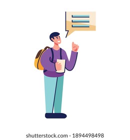 Doodle style icon of boy student with paper and speech bubble vector illustration