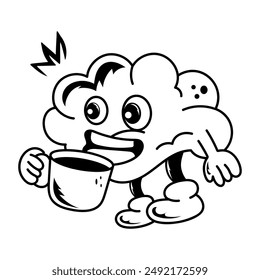 Un doodle estilo icono de cerebro bebiendo té 