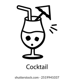 A doodle style icon of cocktail glass with a straw and umbrella in it 