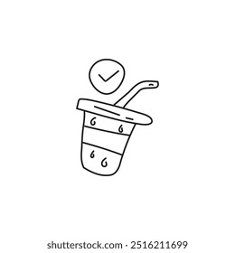 Doodle style icon of a cup with a straw and a check mark above it. Illustration of refreshing drink, summer beverage, cold refreshment, and beverage concept.