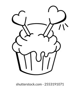 Doodle style icon of cupcake with hearts on it 


