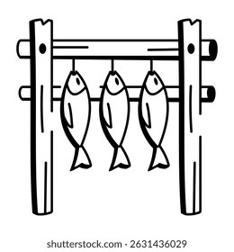 A doodle style icon of fish drying
