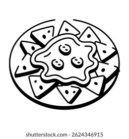 A doodle style icon illustrating nachos with cheese topping
 