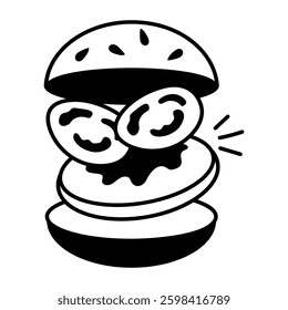 A doodle style icon of large burger with petty and tomatoes 
