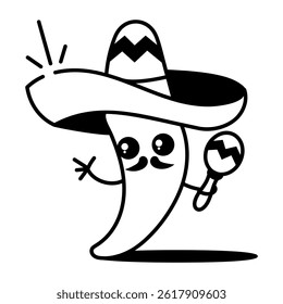 A doodle style icon of a mexican chilli character 
