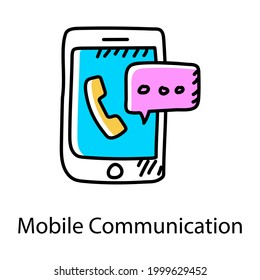 Un ícono de estilo doodle de la comunicación móvil, vector plano a mano 