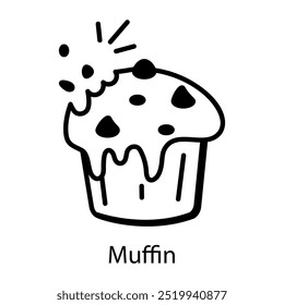 Um ícone estilo doodle de muffin com cobertura de chip de chocolate 