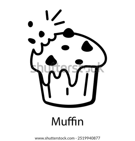 A doodle style icon of muffin with chocolate chip topping 