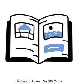 Ícone estilo Doodle de livro aberto com imagens

