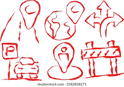 Doodle style Icon Set containing Simple Routes. hand drawn Contains Icons like Map with Pin, Route map, Navigator, Directions and more. Editable Stroke