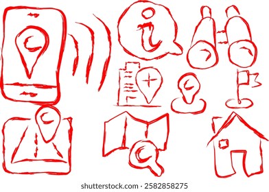 Doodle style Icon Set containing Simple Routes. hand drawn Contains Icons like Map with Pin, Route map, Navigator, Directions and more. Editable Stroke