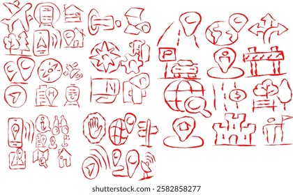 Doodle style Icon Set containing Simple Routes. hand drawn Contains Icons like Map with Pin, Route map, Navigator, Directions and more. Editable Stroke