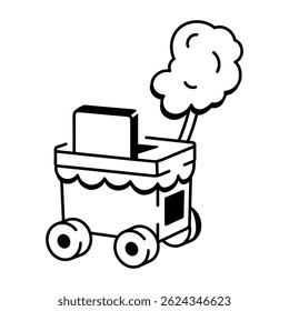 Un icono de estilo doodle que muestra un Carrito de caramelo con golosinas
