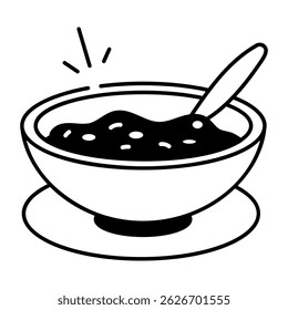 A doodle style icon of soup bowl with spoon 