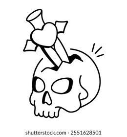 Doodle style icon of stabbed skull 

