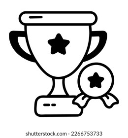 Icono de estilo Doodle de un premio de trofeo y cinta 