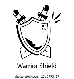 Doodle style icon of warrior shield with cross swords 