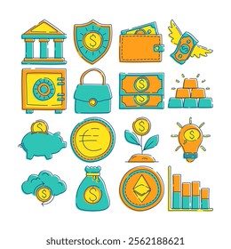 Doodle style icons illustrating saving money concepts, featuring banks, wallets, piggy banks, coins, gold bars, and growth charts. Perfect for financial themes, apps, or presentation.