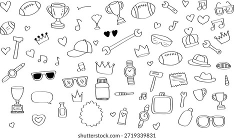 Doodle-Stil-Symbole verschiedener Objekte