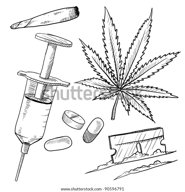 ポット ヘロイン コカイン ジョイントなどのベクター形式の落書き風の違法薬物イラスト のベクター画像素材 ロイヤリティフリー