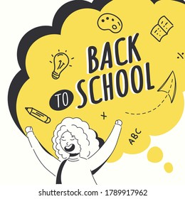 Doodle Style Illustration of Cheerful Girl Character with Education Supplies Elements on Speech Bubble Yellow and White Background for Back To School Concept.