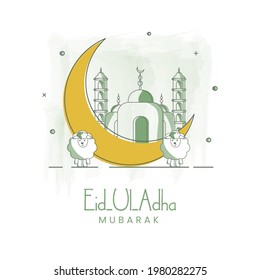 Doodle Style Illustration Of Crescent Moon With Mosque And Two Cartoon Sheep On White Background For Eid-Al-Adha Mubarak.