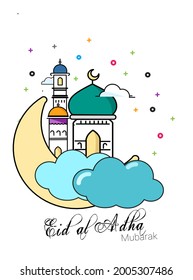 Doodle Style Illustration Of Crescent Moon With Mosque amidst the cloud On White Background For Eid-Al-Adha Mubarak.Celebration of Muslim community festival Eid Al Adha. Ramadan kareem