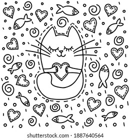 Ilustración de estilo doodle con un lindo gato, corazones y peces. Patrón sin fisuras del vector blanco y negro o tarjeta de saludo del día de San Valentín