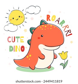 Doodle style illustration with cute dino, cloud, sun and flower. Sketch in hand drawn style with smiling cartoon dinosaur. Can be used for kids room poster, card, print, t-shirt design. Vector EPS8