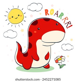 Doodle style illustration with cute dino, cloud, sun and flower. Sketch in hand drawn style with smiling cartoon dinosaur. Can be used for kids room poster, card, print, t-shirt design. Vector EPS8