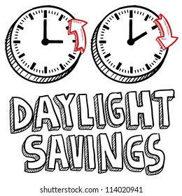 Doodle Style Illustration Of Daylight Savings Time, Including Clocks Moving Forward And Backwards To Illustrate The Time Change. Vector Format.