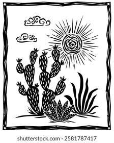 Doodle style illustration of desert cactus and succulents. Composition of typical Mexican plants. Hand drawn sketch style.