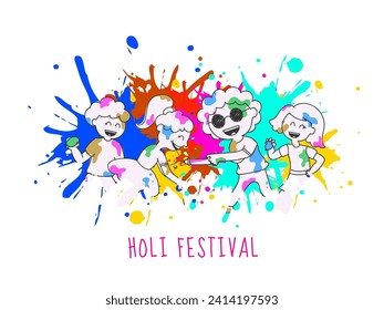 Doodle Style Illustration of Different Types Playing Holi Children Character for Indian Festival of Colors.