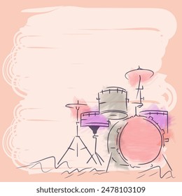 Ilustración de estilo Doodle de conjunto de tambor y Espacio para texto sobre fondo beige.