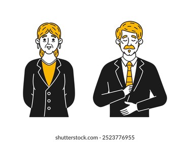 Doodle Style Illustration Featuring Two Business People In Elegant Formal Attire. Male And Female Characters