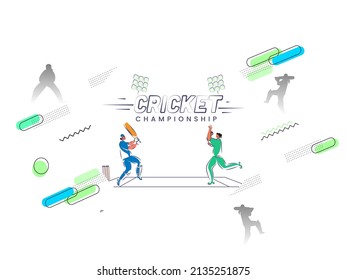 Doodle Style Illustration Of Female Batter Player And Bowler In Playing Pose On White Abstract Background For Cricket Championship.