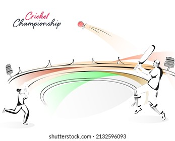 Doodle Style Illustration Of Female Bowler Throwing Ball To Batter Player On Stadium View Background For Women's Cricket Championship.