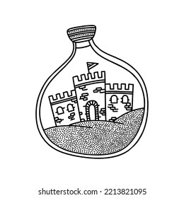 Doodle style illustration. Fortress towers inside the bottle, a design element